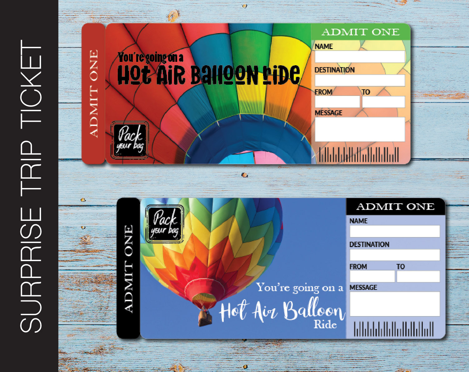 Printable HOT AIR BALLOON Surprise Trip Tickets. Vacation Ticket. Boarding Pass.