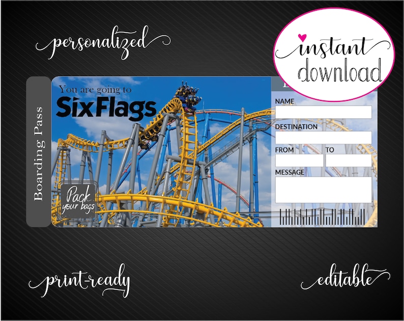 Printable SIX FLAGS Surprise Gift Ticket Boarding Pass Trip Etsy