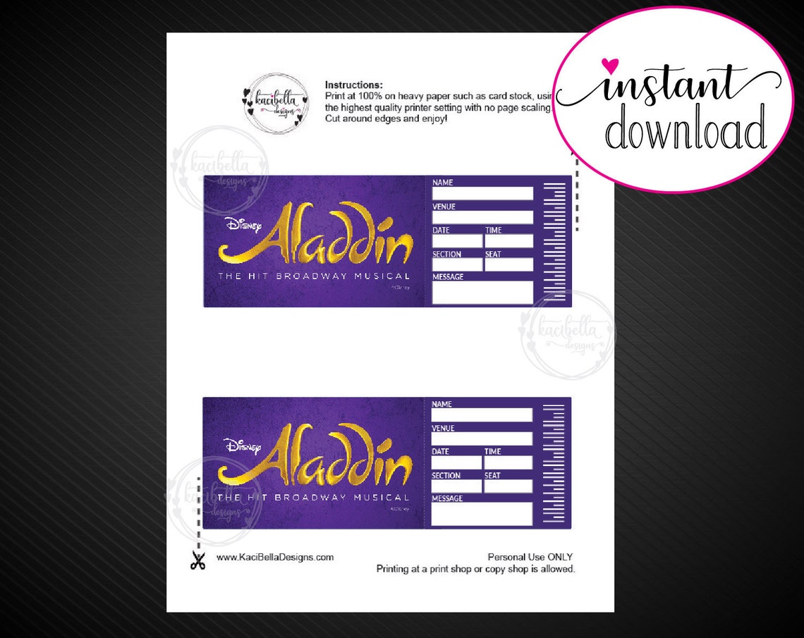Printable ALADDIN Broadway Surprise Ticket. Editable Musical Theatre ...