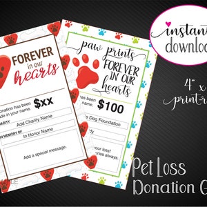 Printable PET LOSS Charity Donation Gift Card. Pet Sympathy. Dog ...