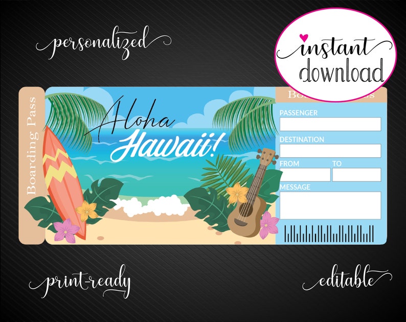 Printable HAWAII Surprise Trip Gift Ticket. Boarding Pass. Etsy
