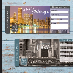 Printable CHICAGO Surprise Trip Gift Ticket. Boarding Pass. Trip Ticket. Vacation Ticket. Instant Download. Editable PDF File.