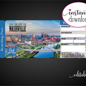 Puede incluir: Tarjeta de embarque imprimible editable con una foto del horizonte de Nashville. El texto en la tarjeta dice "You're off to Nashville".