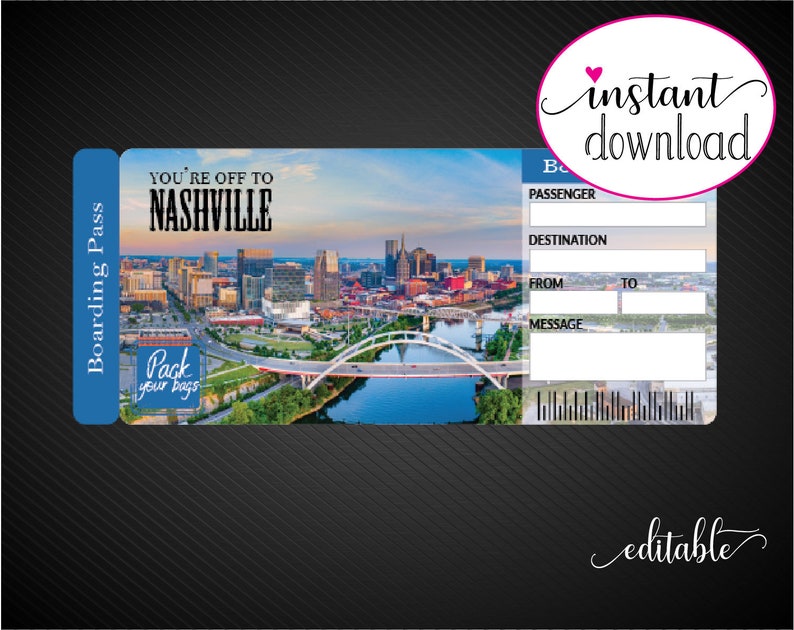 Printable NASHVILLE Surprise Trip Gift Ticket. Boarding Pass. Etsy