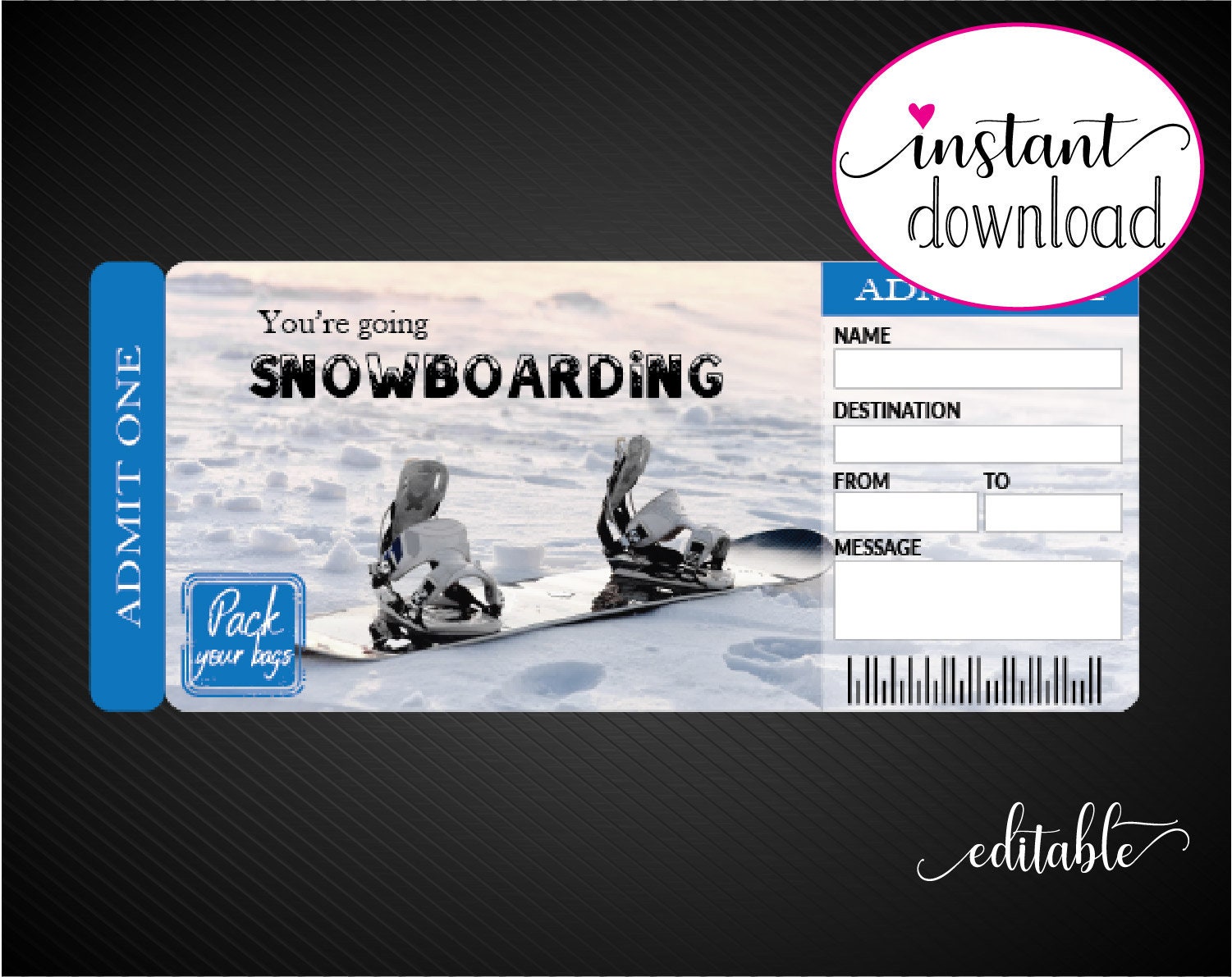 Printable SNOWBOARDING Surprise Trip Tickets. Vacation Ticket. Etsy