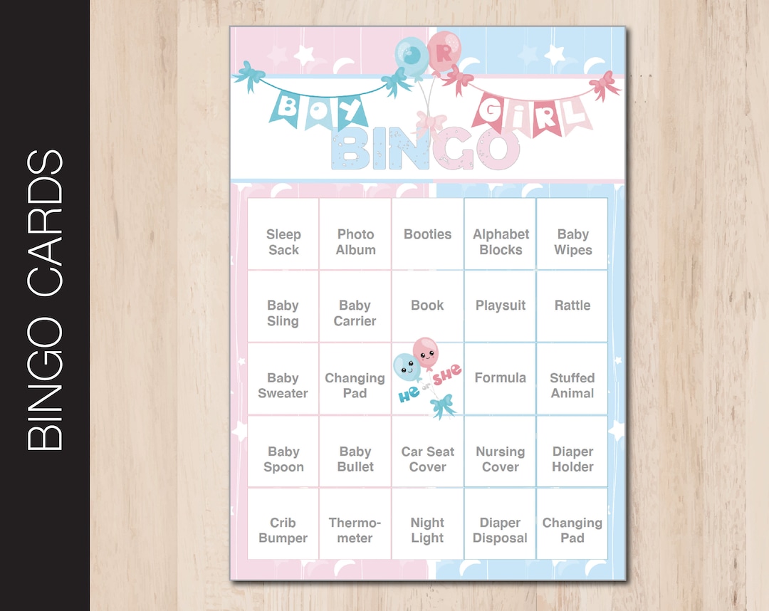 Printable GENDER REVEAL Bingo Game. Baby Shower Bingo. Boy or Girl. He ...