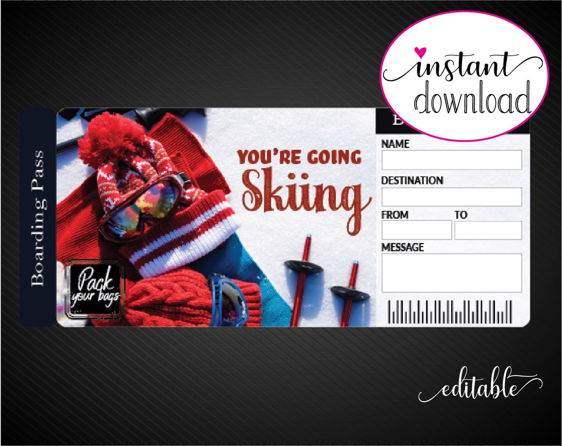 Printable SKIING Surprise Trip Gift Ticket. Boarding Pass. Etsy