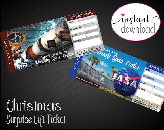 印刷可能なケネディ宇宙センターサプライズ旅行チケット。休暇チケット