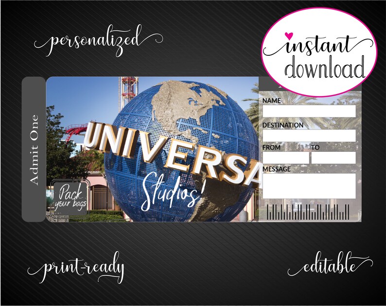 Printable UNIVERSAL STUDIOS Surprise Trip Tickets Vacation Etsy