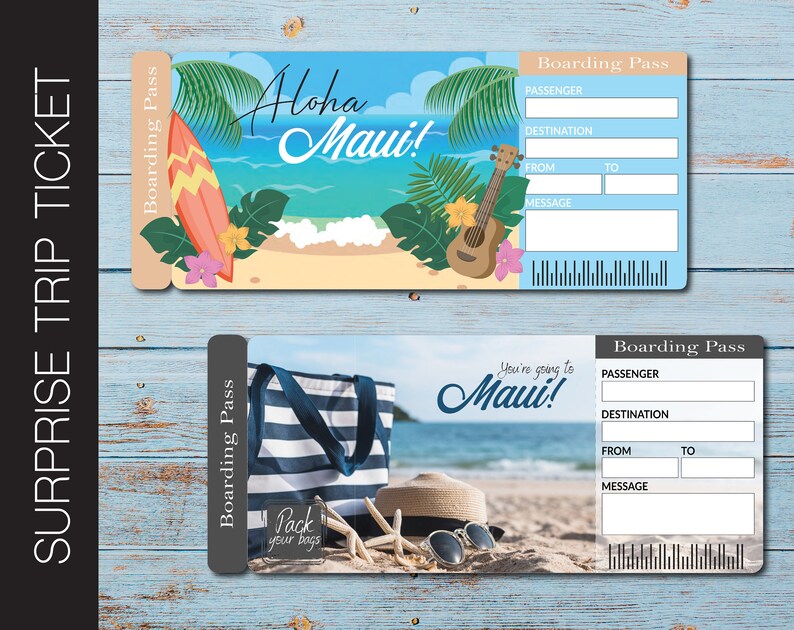 printable maui surprise trip gift ticket boarding pass