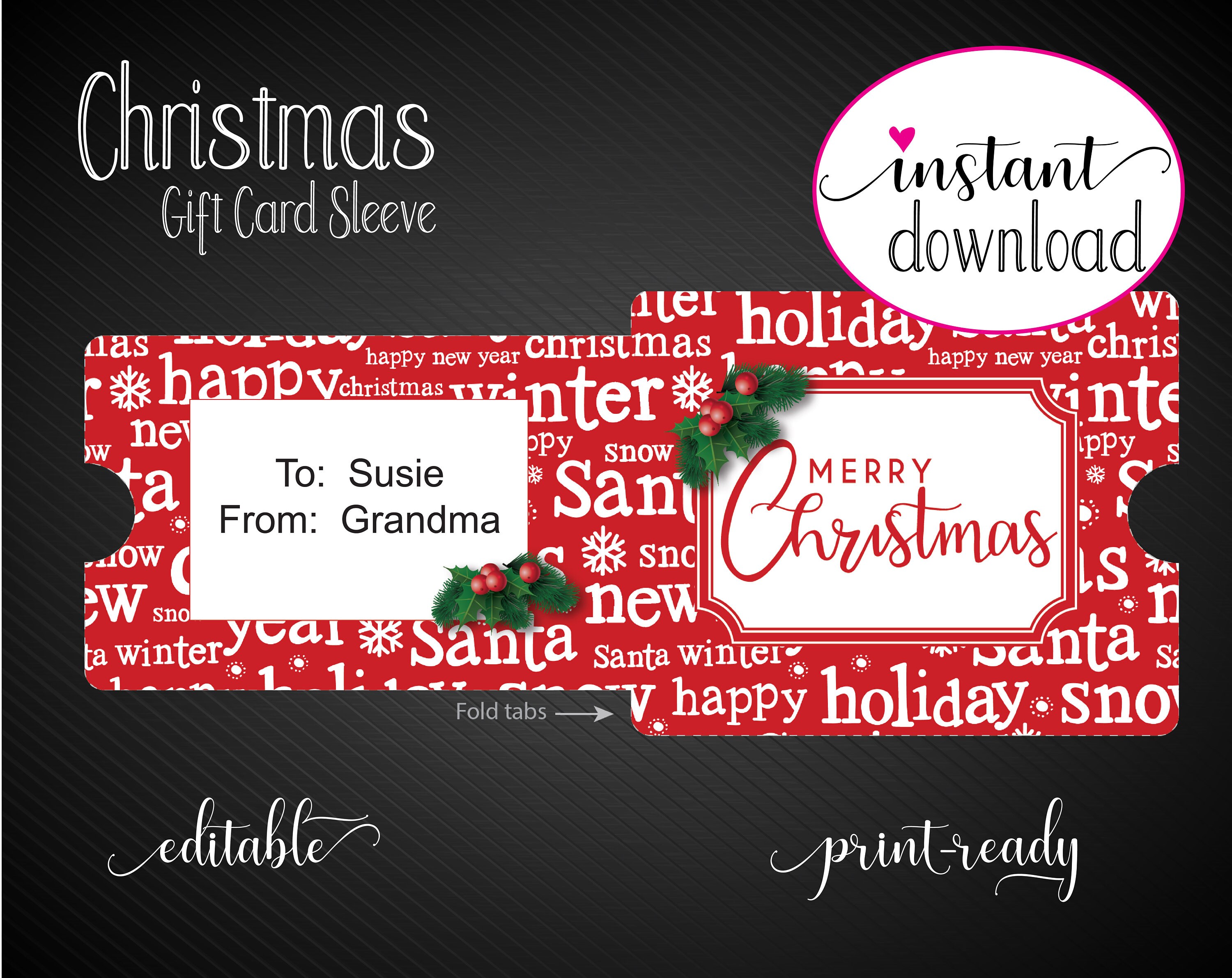 Printable CHRISTMAS Gift Card Sleeve / Envelope. Merry Etsy