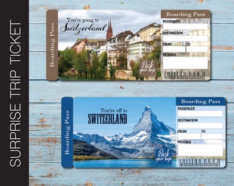 Printable SWITZERLAND Surprise Trip Gift Ticket. Boarding Pass. Trip Ticket. Vacation Ticket. Instant Download. Editable PDF File.