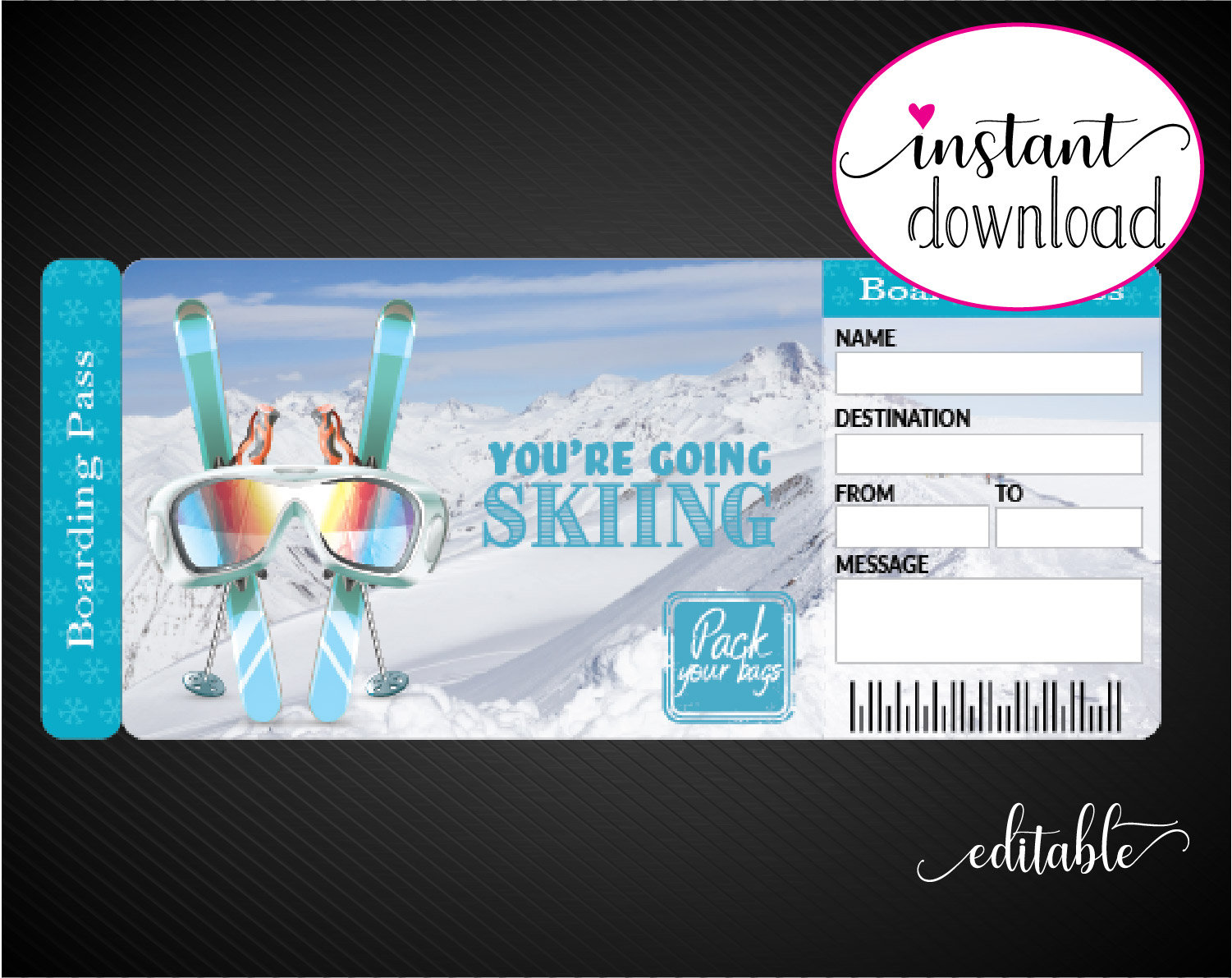 Printable SKIING Surprise Trip Gift Ticket. Boarding Pass. - Etsy