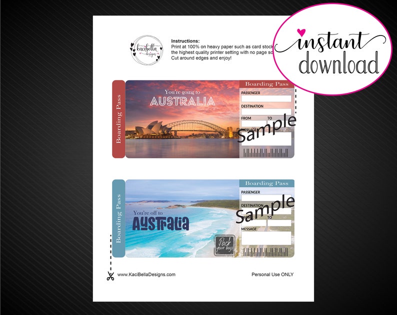 Printable AUSTRALIA Surprise Trip Gift Ticket. Boarding Pass. Printable ...