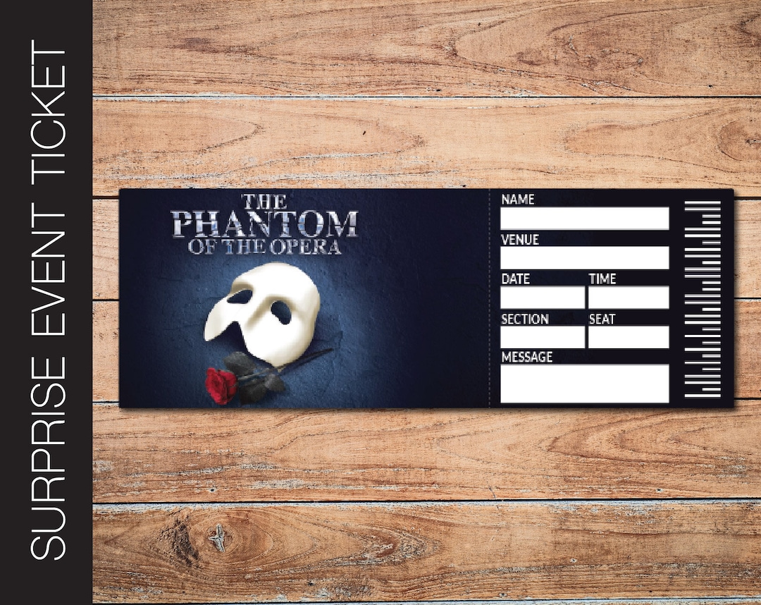 印刷可能なオペラ座の怪人ブロードウェイサプライズチケット。編集可能