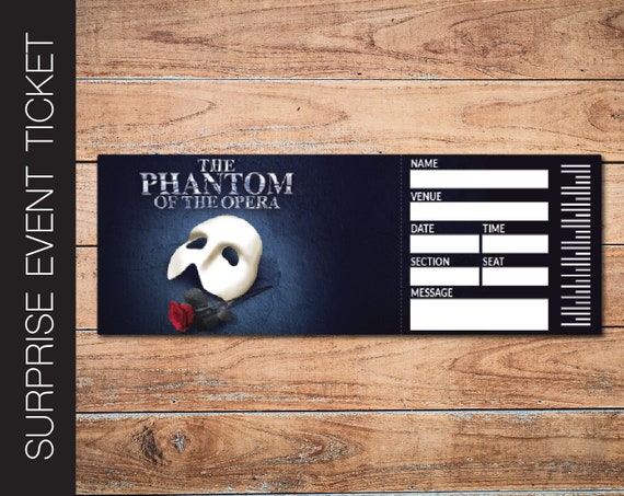 印刷可能なオペラ座の怪人ブロードウェイサプライズチケット。編集可能