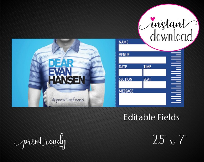 Printable DEAR EVAN HANSEN Broadway Surprise Ticket. Editable - Etsy UK