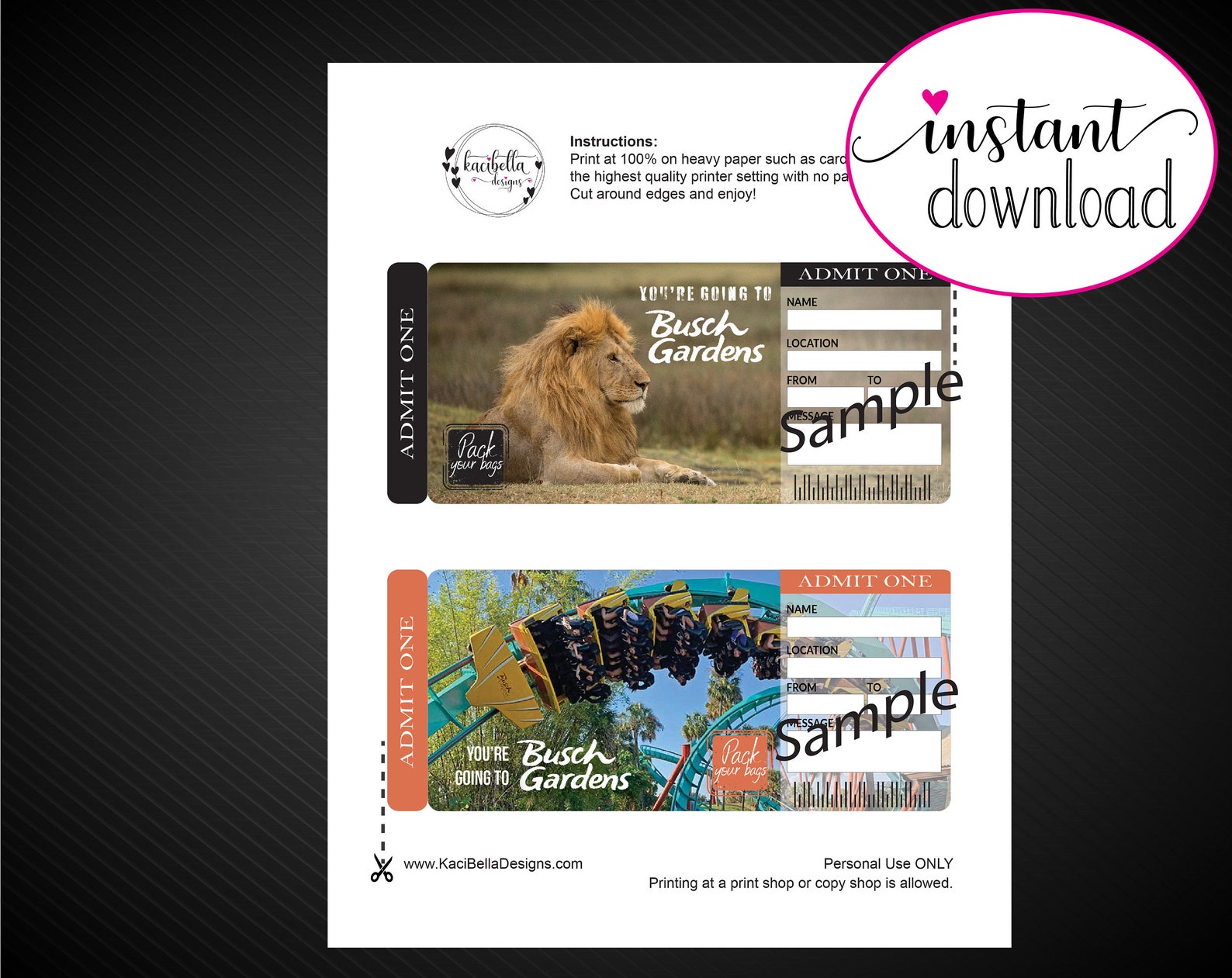 Printable BUSCH GARDENS Surprise Trip Tickets. Vacation - Etsy