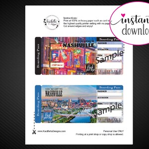 Puede incluir: Dos dise&ntilde;os de tarjetas de embarque imprimibles para un viaje a Nashville, Tennessee. El dise&ntilde;o superior presenta una foto de una escena callejera con letreros de ne&oacute;n y el texto "You're going to Nashville". El dise&ntilde;o inferior presenta una foto del horizonte de Nashville con el texto "You're off to Nashville". Ambos dise&ntilde;os incluyen el texto "Boarding Pass" y tienen espacios en blanco para el pasajero, el destino, el origen y el destino.