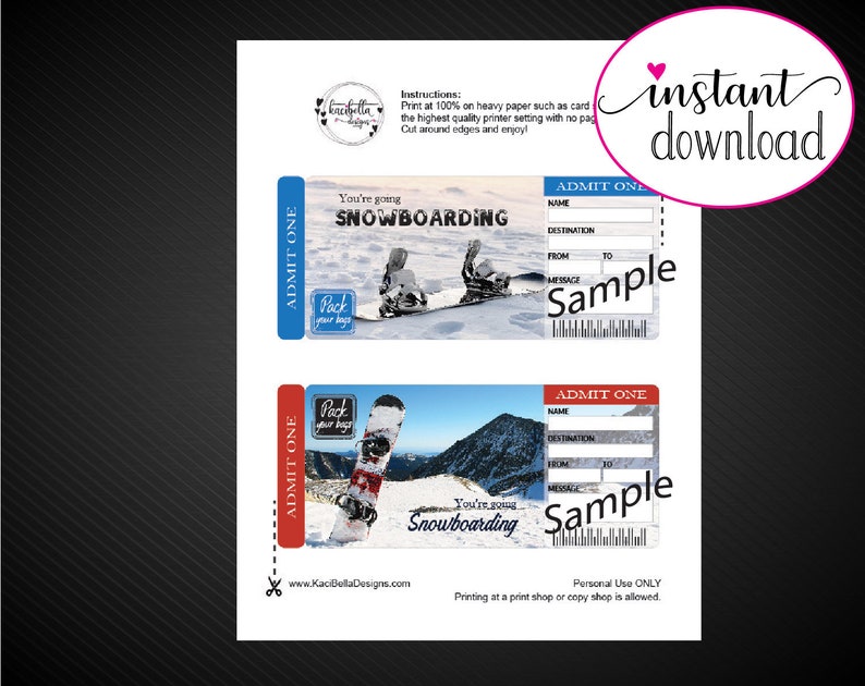 Printable SNOWBOARDING Surprise Trip Tickets. Vacation Ticket. Etsy