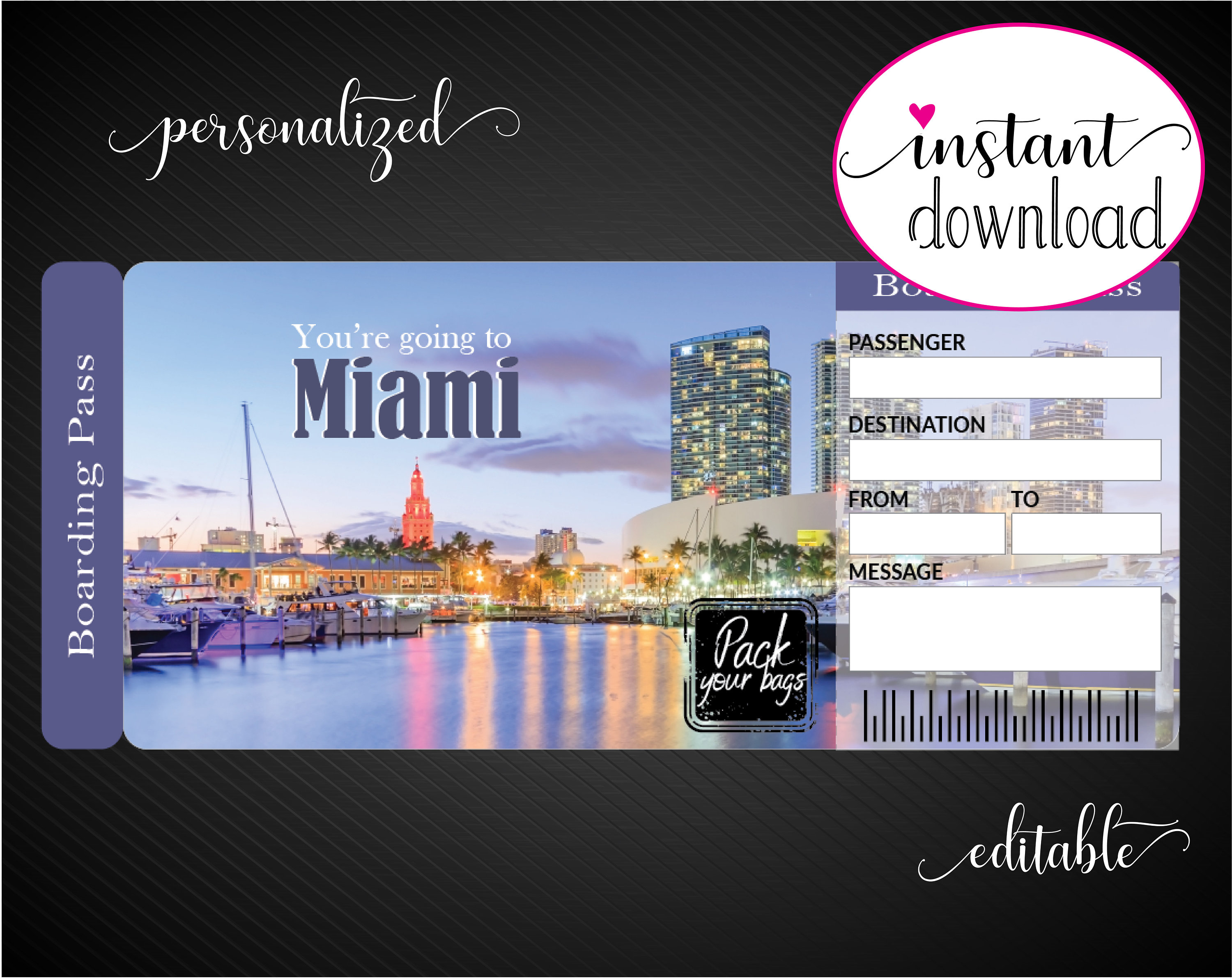 Printable MIAMI Surprise Trip Gift Ticket. Boarding Pass. Etsy Polska