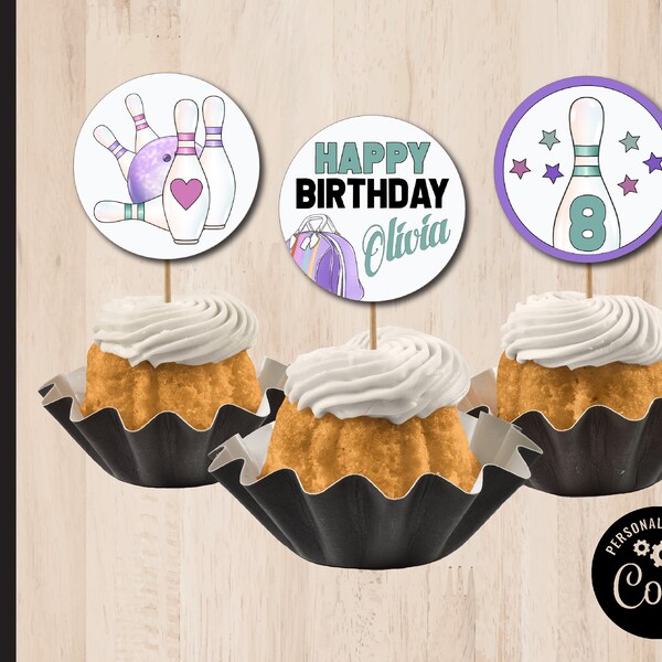 Editable BOWLING Party Cupcake Topper / Cumpleaños Recortes de 2 pulgadas / Cumpleaños de bolos / Cupcakes de bolos / Plantilla Corjl imprimible 0056