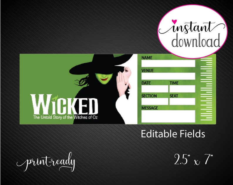 Printable WICKED Broadway Surprise Ticket. Editable Musical Theatre Faux Event Admission Souvenir Keepsake. PDF Instant Digital Download. image 3