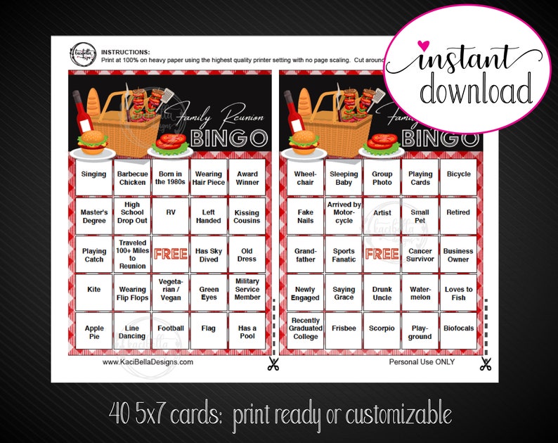 printable family reunion bingo game 40 print ready or etsy
