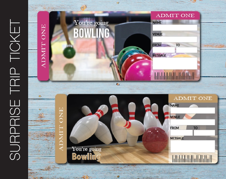 Printable BOWLING Surprise Event Tickets. Vacation Ticket. Admission Ticket. Instant Download. image 1