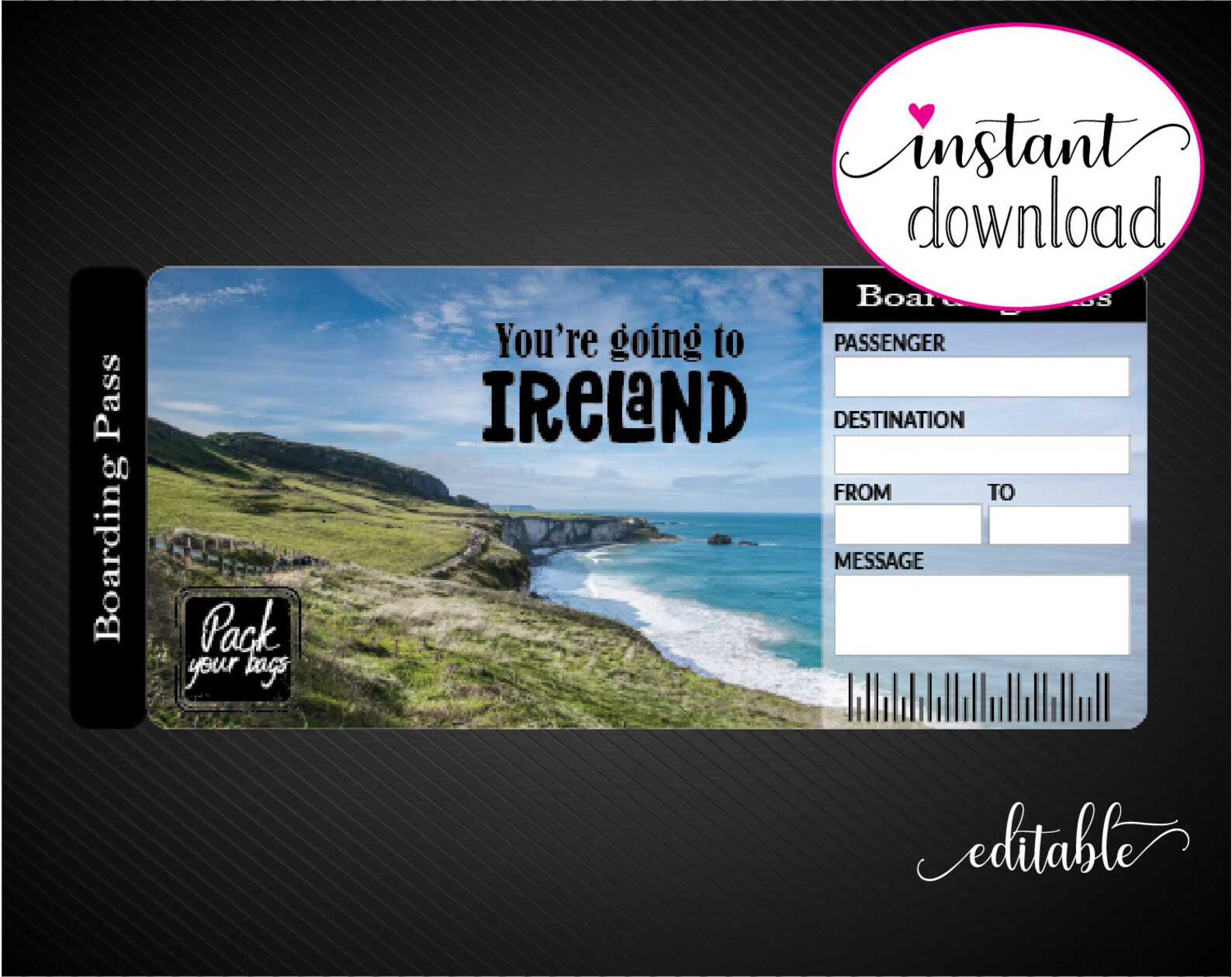Printable IRELAND Surprise Trip Gift Ticket. Boarding Pass. Etsy