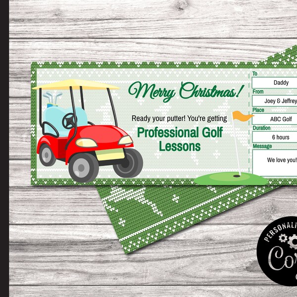 Editable GOLF LESSONS Surprise Gift Reveal Coupon.  Holiday Subscription Voucher.  Christmas Ticket Coupon. All Text is Editable.