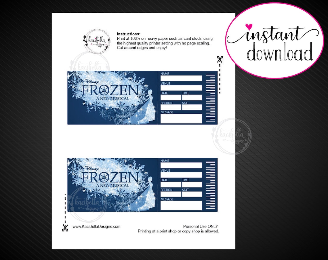 Printable FROZEN Broadway Surprise Ticket. Editable Musical Etsy