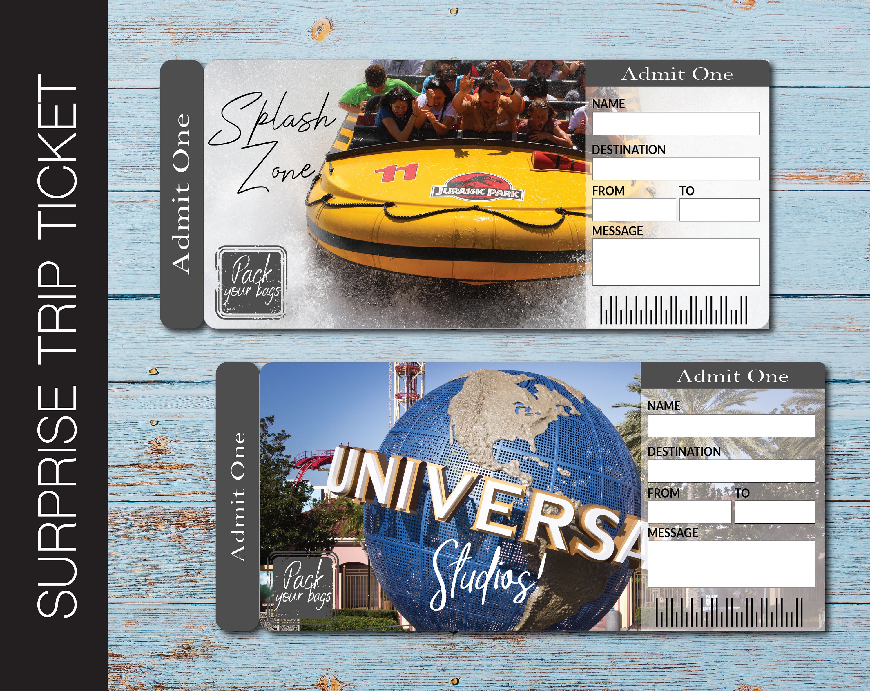 editable universal studios surprise trip tickets instant download
