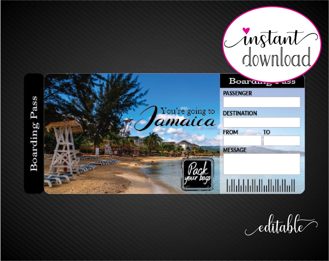 Printable JAMAICA Surprise Trip Gift Ticket. Boarding Pass. Etsy