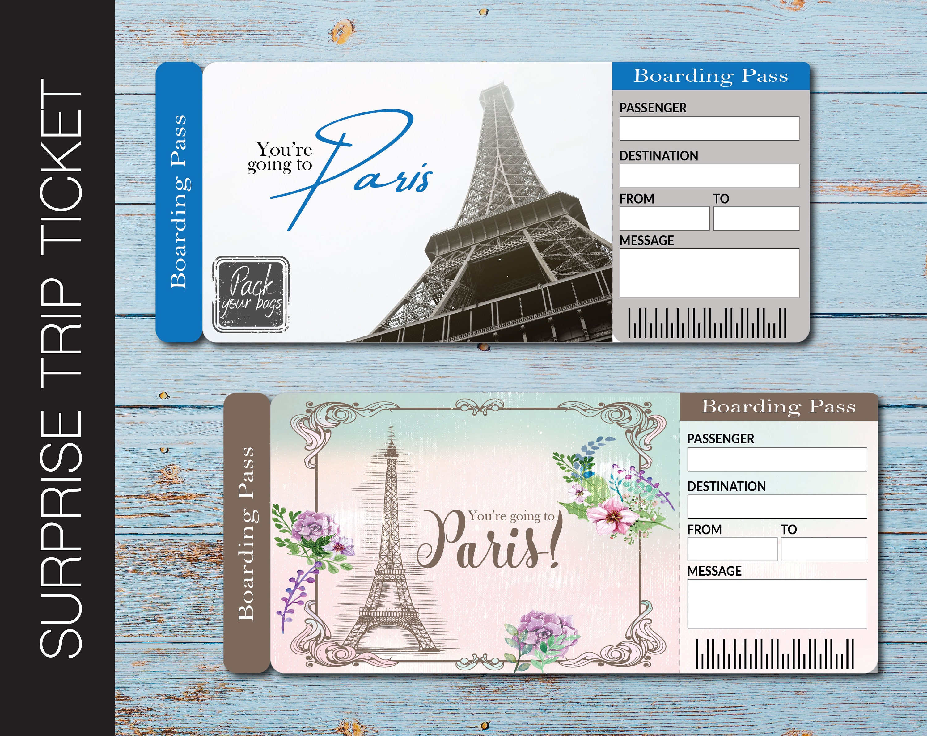 Printable PARIS Surprise Trip Gift Ticket. Boarding Pass. Etsy