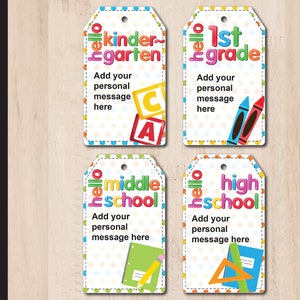 Editable HELLO SCHOOL Promotion Gift Tags. Kindergarten. 1st Grade. Middle School. High School.  Editable Tag. Instant Download