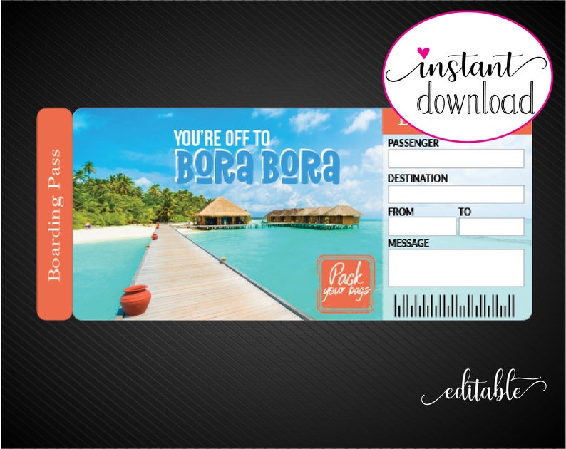 Printable BORA BORA Surprise Trip Gift Ticket. Boarding Pass. - Etsy