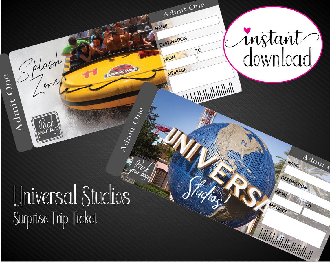 printable universal studios surprise trip tickets vacation etsy