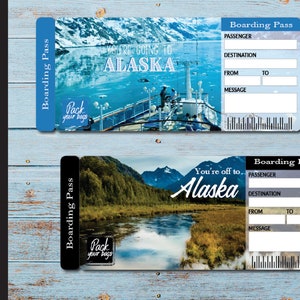 Printable ALASKA Surprise Trip Gift Ticket. Boarding Pass. Printable Ticket. Trip Ticket. Vacation Ticket. Editable PDF Instant Download