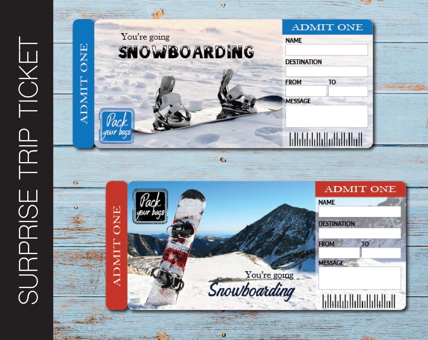 Printable SNOWBOARDING Surprise Trip Tickets. Vacation Ticket. Etsy