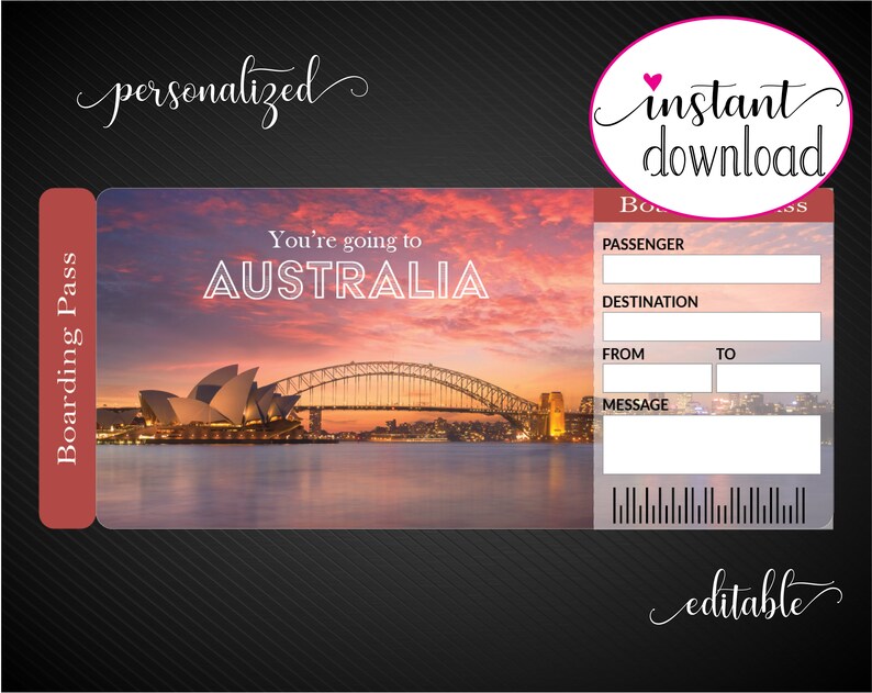Printable AUSTRALIA Surprise Trip Gift Ticket. Boarding Pass. Printable ...