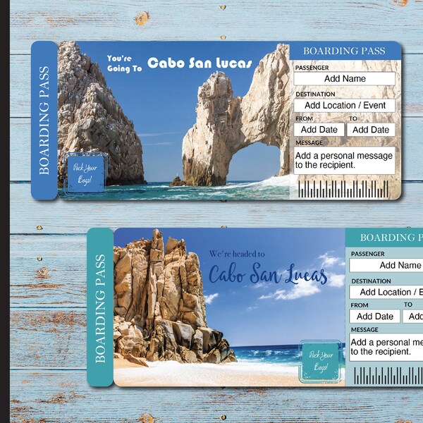 Alle Text bearbeitbare CABO San LUCAS Überraschungsreise Geschenkkarte. Bordkarte. Reiseticket. Urlaubskarte. Sofortiger Download bearbeitbare PDF-Datei