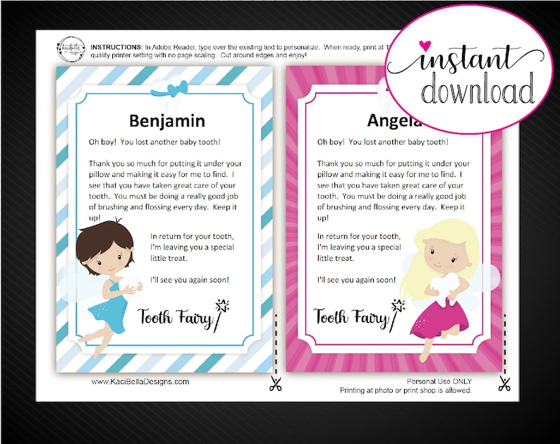 printable tooth fairy letters 2 letters lost tooth editable etsy