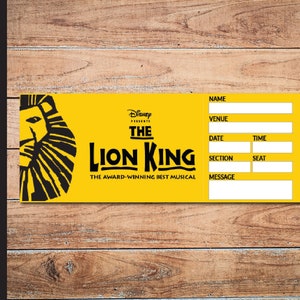 Printable LION KING Broadway Surprise Ticket. Editable Musical Theatre Faux Event Admission Souvenir Keepsake. PDF Instant Digital Download.