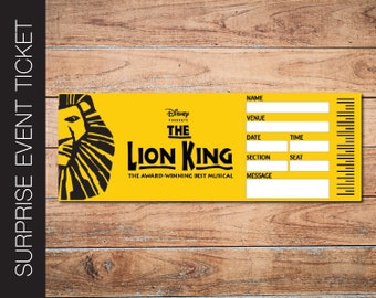 Printable LION KING Broadway Surprise Ticket. Editable Musical Theatre Faux Event Admission Souvenir Keepsake. PDF Instant Digital Download.