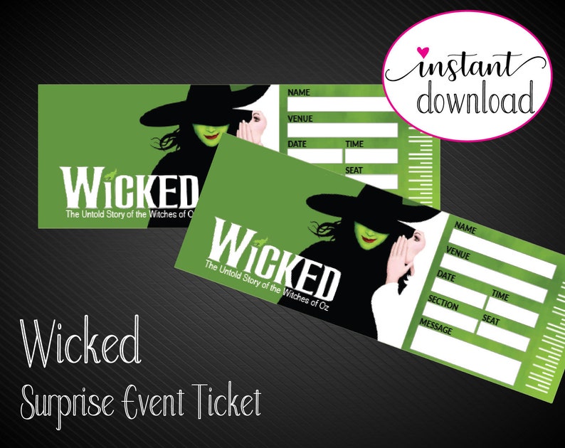 Printable WICKED Broadway Surprise Ticket. Editable Musical Theatre Faux Event Admission Souvenir Keepsake. PDF Instant Digital Download. image 2