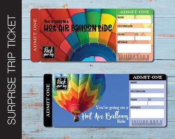 Printable HOT AIR BALLOON Surprise Trip Tickets. Vacation Ticket. Boarding Pass.