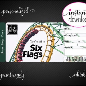 Printable SIX FLAGS Surprise Gift Ticket. Boarding Pass. Trip Ticket ...
