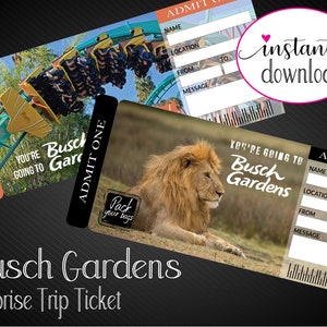 Printable BUSCH GARDENS Surprise Trip Tickets. Vacation Ticket. Mock ...