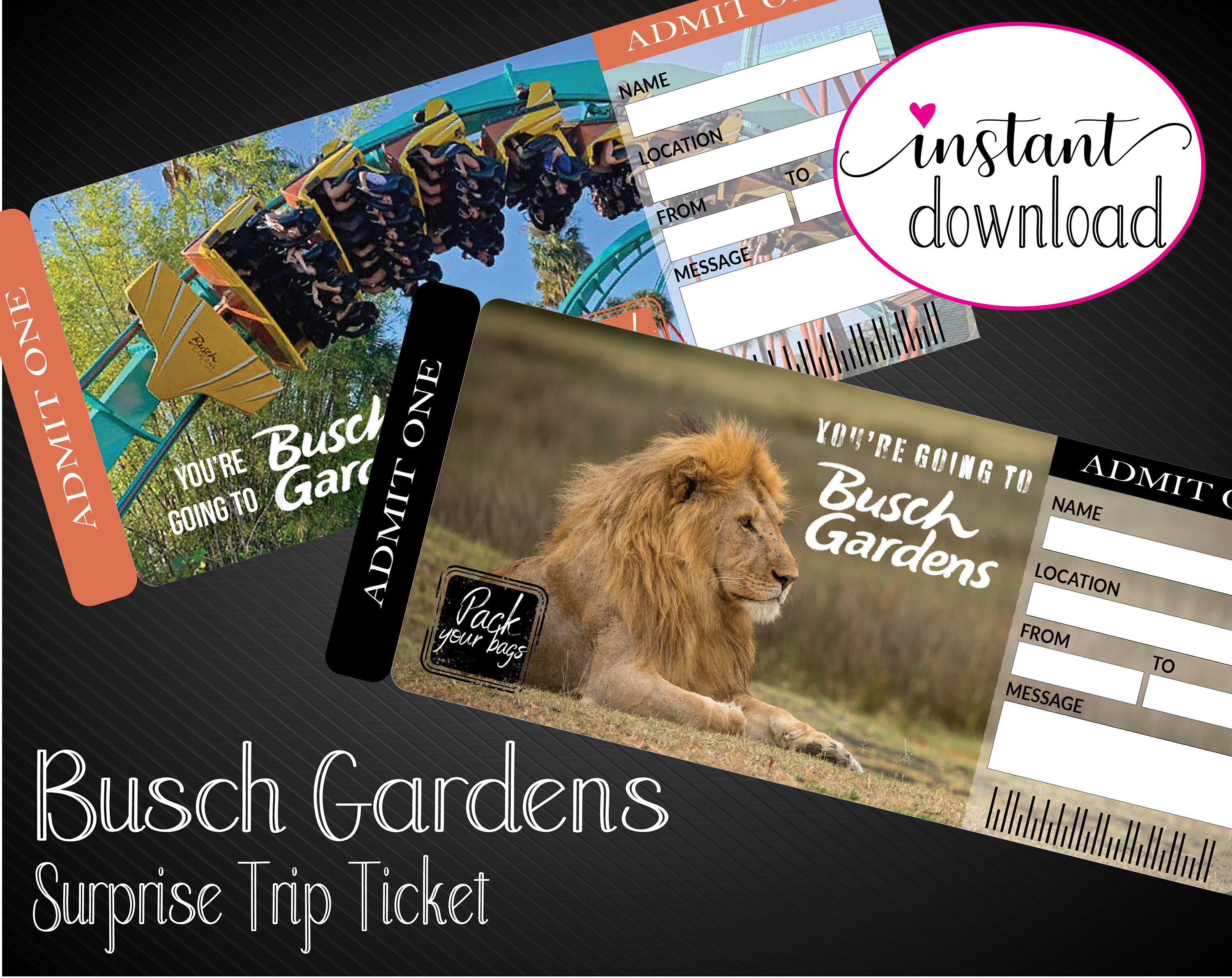 Printable BUSCH GARDENS Surprise Trip Tickets. Vacation - Etsy